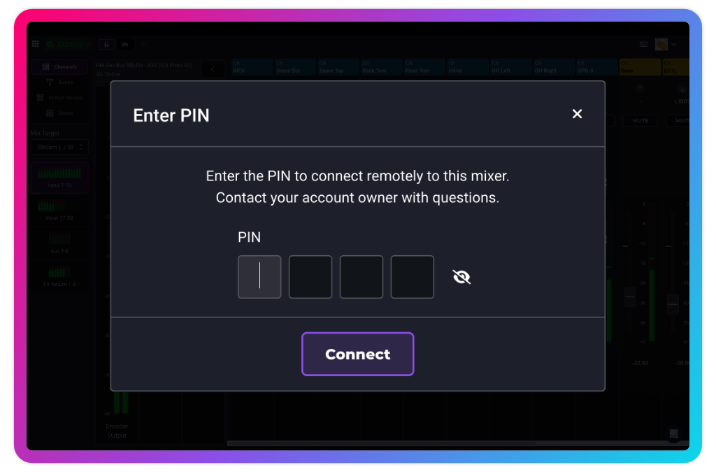 Entering a PIN to protect your mixer connection with RemoteMix